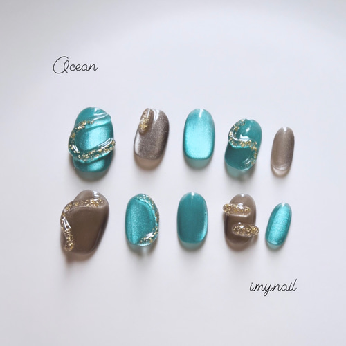オーシャンブルー グレー マグネットネイルチップ キラキラクリア