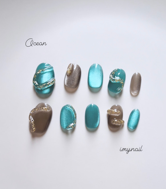 オーシャンブルー グレー マグネットネイルチップ キラキラクリア