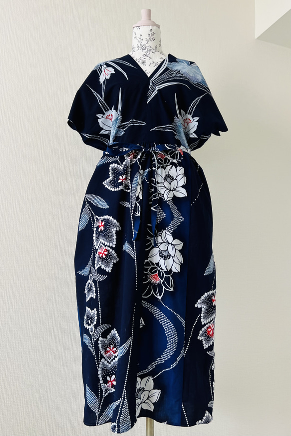YUKATA de ドレス/紺白・牡丹/普通サイズ/フリーサイズ・綿100