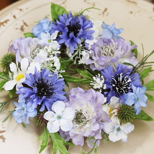 晴れやかブルー アスターと矢車草のナチュラルリース「Creema限定