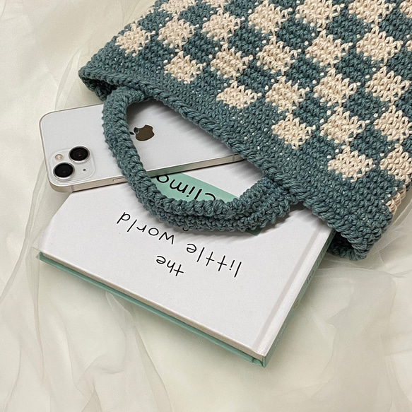 チェック柄ハンドメイドかぎ針編み大容量ハンドバッグ/仕事バッグ