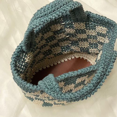 チェック柄ハンドメイドかぎ針編み大容量ハンドバッグ/仕事バッグ