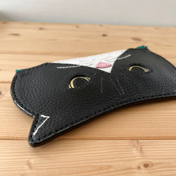 猫好きが作った本牛革オコ顔猫のメガネケース　黒白ハチワレ　送料無料　手縫い 3枚目の画像