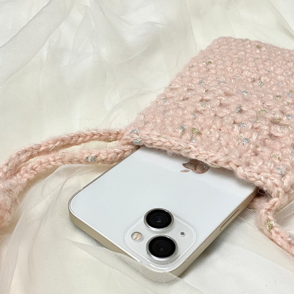 さくらピンクの手作りかぎ針編み携帯電話バッグ_N008 1枚目の画像