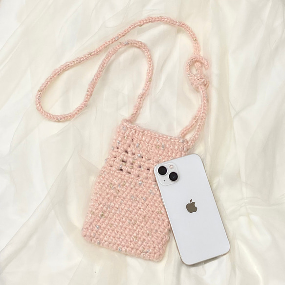 さくらピンクの手作りかぎ針編み携帯電話バッグ_N008 3枚目の画像
