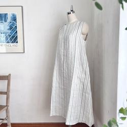 最終値下げ❣️先染めコットンリネンストライプ サーキュラーワンピース ジャスミンワンピース リネン ストライプ オフホワイト×若草 ＊暮らし