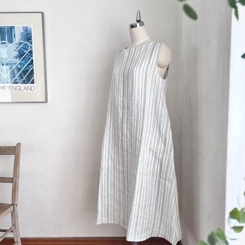 ジャスミンワンピース リネン ストライプ オフホワイト×若草 ＊暮らし