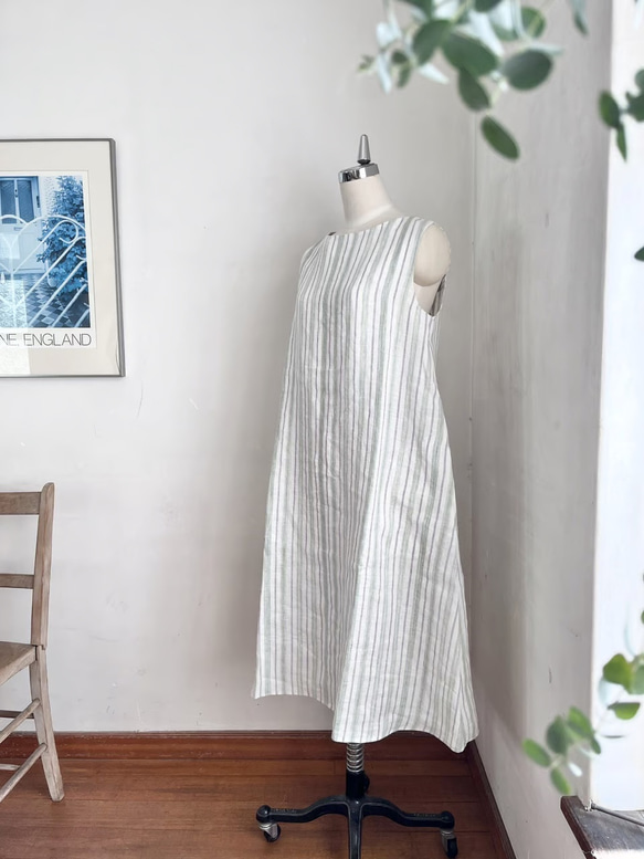 ジャスミンワンピース リネン ストライプ オフホワイト×若草 ＊暮らし