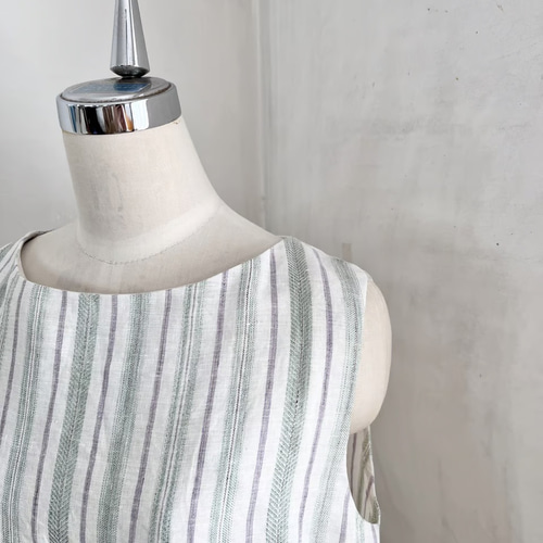 ジャスミンワンピース リネン ストライプ オフホワイト×若草 ＊暮らし