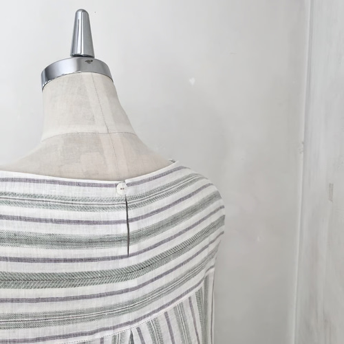 ジャスミンワンピース リネン ストライプ オフホワイト×若草 ＊暮らし