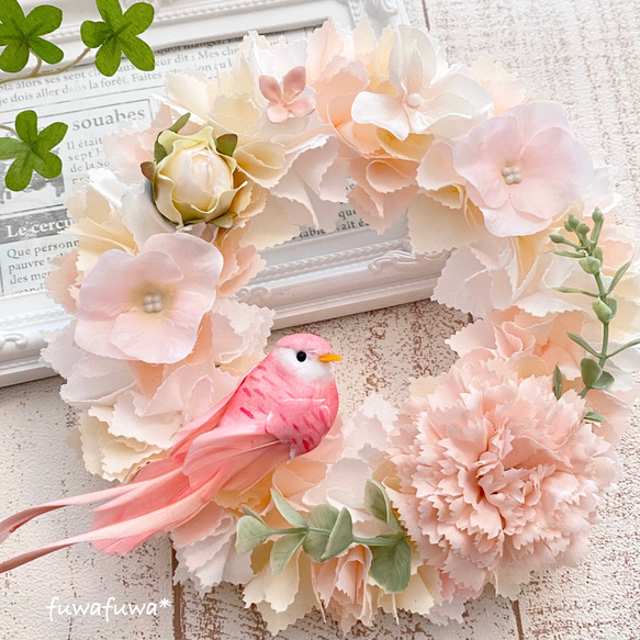 母の日にも♪】小鳥とお花の布リース〜カーネーションと紫陽花と鳥さん  