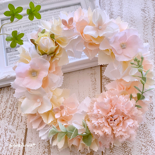 母の日にも♪】カーネーションと紫陽花の布リース （ピーチピンク 