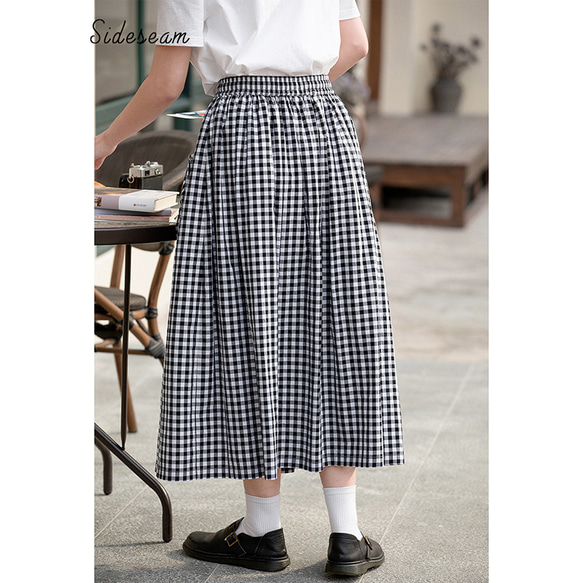 黒白格子スカート　100%コットンゴムウエストスカート　大きいポケット付き　スカート　S-Lサイズ　S256 2枚目の画像