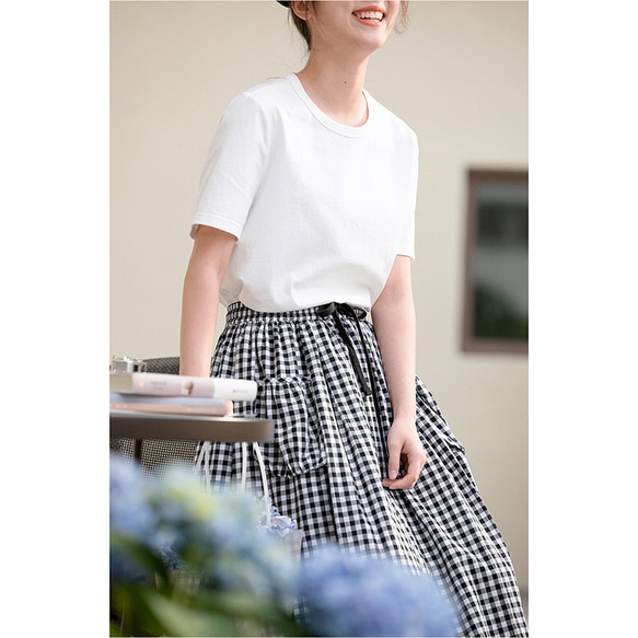 黒白格子スカート　100%コットンゴムウエストスカート　大きいポケット付き　スカート　S-Lサイズ　S256 6枚目の画像