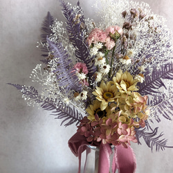 パープル＆ピンクのお花にひまわりが華やかなドライフラワースワッグ　母の日　インテリア　プレゼント 5枚目の画像