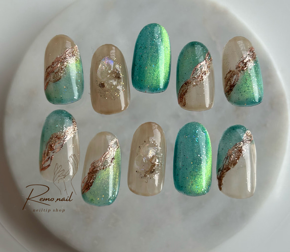 エメラルドグリーン×イエローのニュアンスマグネットネイルチップ*成人  