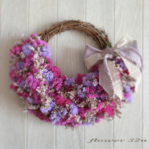 淡色スターチスのもこもこリース ピンク＆パープル リース flower32n