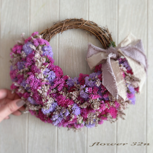 淡色スターチスのもこもこリース ピンク＆パープル リース flower32n