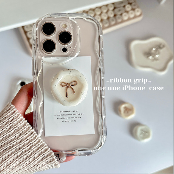 ribbon grip• .ྀིྀི 〜うねうね iPhone  case〜　スマホグリップ　スマホケース 1枚目の画像
