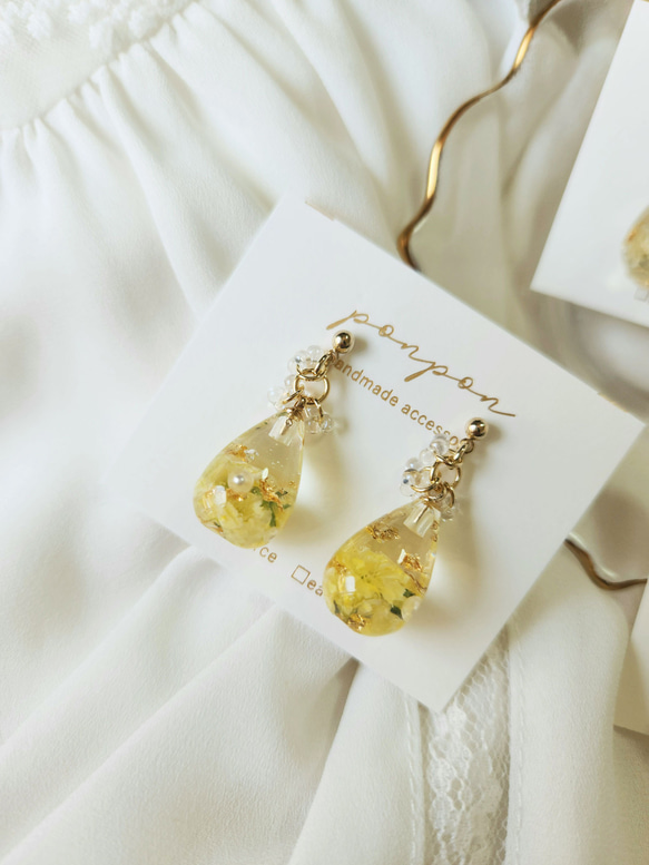 かすみ草 ドライフラワー ピアス イヤリング しずく イエロー 小ぶり