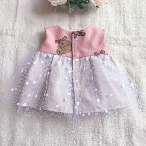 26cmドール用 裏地付き♡くすみピンクベアのチュールワンピース ソラン