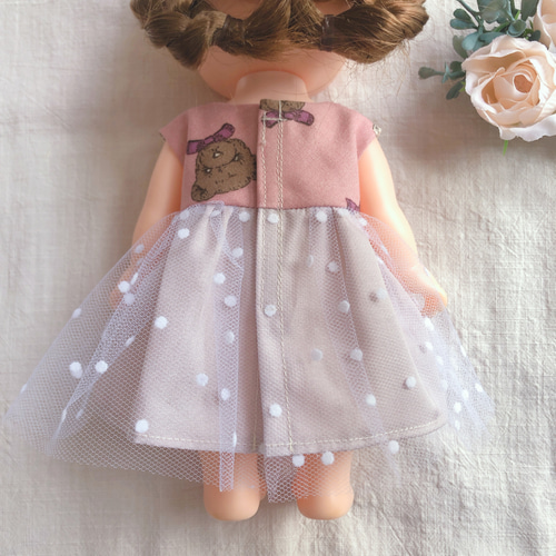 26cmドール用 裏地付き♡くすみピンクベアのチュールワンピース ソラン