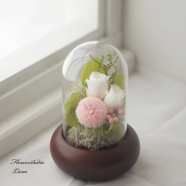 【仏花】ガラスドーム入り　バラとピンポンマムの仏花　全てプリザーブドフラワー
