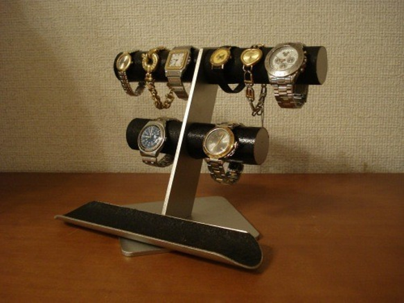 腕時計スタンド　時計スタンド　 ブラック丸パイプ6～8本掛け腕時計スタンドロングトレイバージョン 1枚目の画像