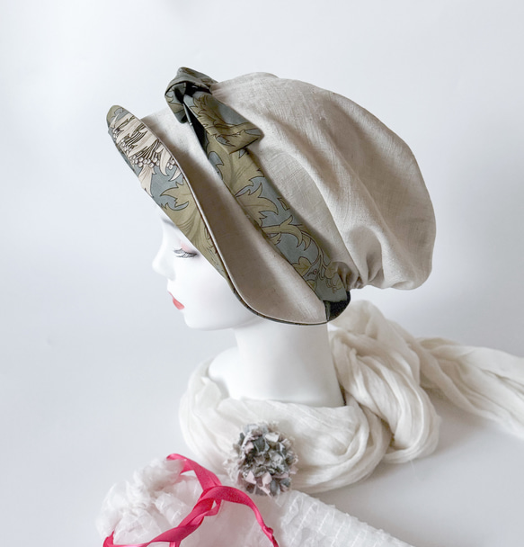 紫外線対策　おしゃれ　UV プリム付き　ケア帽子　ウィリアムモリス　プレゼント　母の日　やわらか　リネン 3枚目の画像