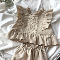 コットン&リネンフリルノースリーブブラウス　リネンブラウス　ブルマパンツ　子供服　ベビー服　セットアップ　長袖可 4枚目の画像