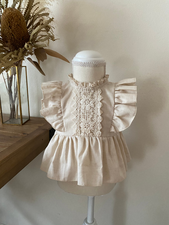 コットン&リネンフリルノースリーブブラウス　リネンブラウス　ブルマパンツ　子供服　ベビー服　セットアップ　長袖可 1枚目の画像