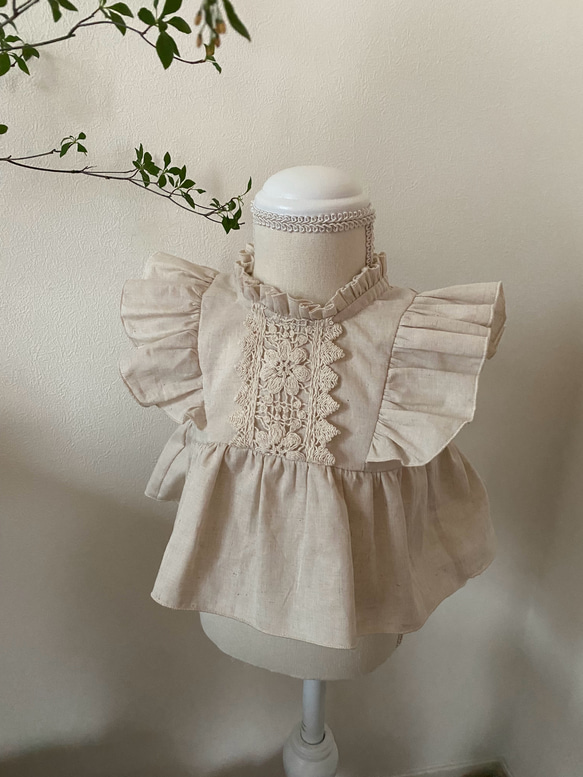 コットン&リネンフリルノースリーブブラウス　リネンブラウス　ブルマパンツ　子供服　ベビー服　セットアップ　長袖可 2枚目の画像