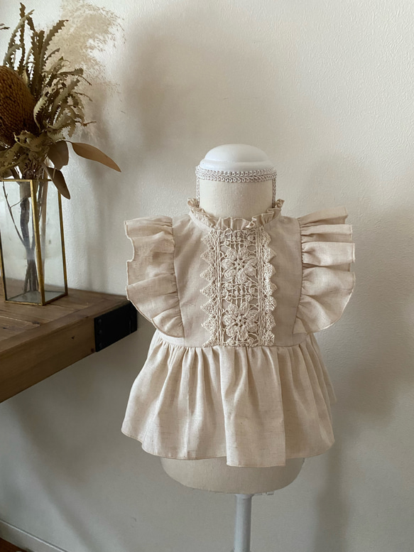 コットン&リネンフリルノースリーブブラウス　リネンブラウス　ブルマパンツ　子供服　ベビー服　セットアップ　長袖可 8枚目の画像