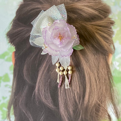 ヘアクリップ: 藤色の牡丹ープラバン花ヘアアクセサリー 髪飾り 成人式 七五三 夏祭り 和装 和小物 浴衣 ハンドメイド 3枚目の画像