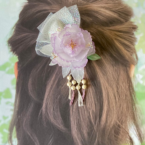 ヘアクリップ: 藤色の牡丹ープラバン花ヘアアクセサリー 髪飾り 成人式