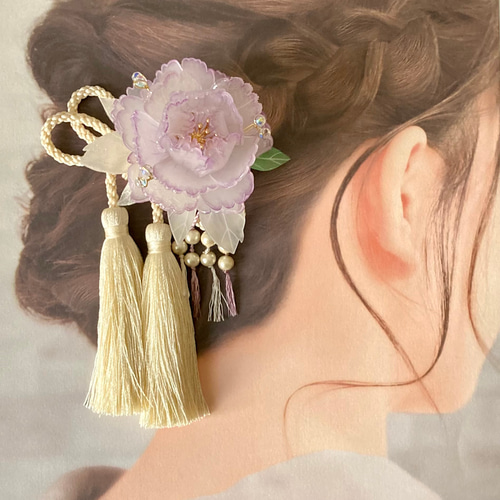 ヘアクリップ: 藤色の牡丹ープラバン花ヘアアクセサリー 髪飾り 成人式