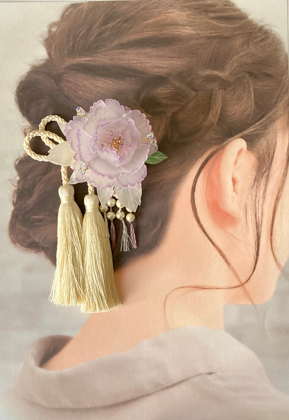 ヘアクリップ: 藤色の牡丹ープラバン花ヘアアクセサリー 髪飾り 成人式 七五三 夏祭り 和装 和小物 浴衣 ハンドメイド 4枚目の画像