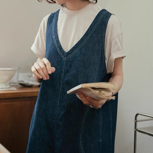 ステッチデザインが可愛い コットンリネンデニム ジャンスカ
