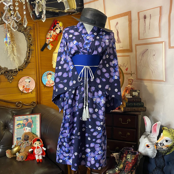和洋折衷 浴衣 リメイク ワンピース ドレス 帯サッシュベルト レトロ 古着 和 モダン 可愛いいちご柄 W-253 3枚目の画像