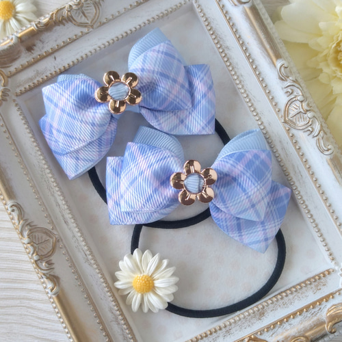 チェック柄＊お花のバックル＊リボンヘアゴム2個セット 雑貨