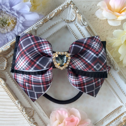 リボン　ヘアゴム♡アシンメトリーリボン♡ブロックチェック♡ブラック♡ハンドメイド 113021983293aec116d253f267e649
