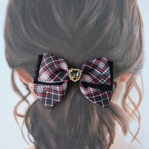 赤×黒チェック＊ブラックハートのリボンヘアゴム ヘアゴム fraise