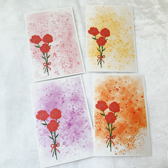 カーネーション　4枚ポストカード　はがき　母の日　かわいい　お花　贈り物　ありがとう　感謝　イラスト 3枚目の画像