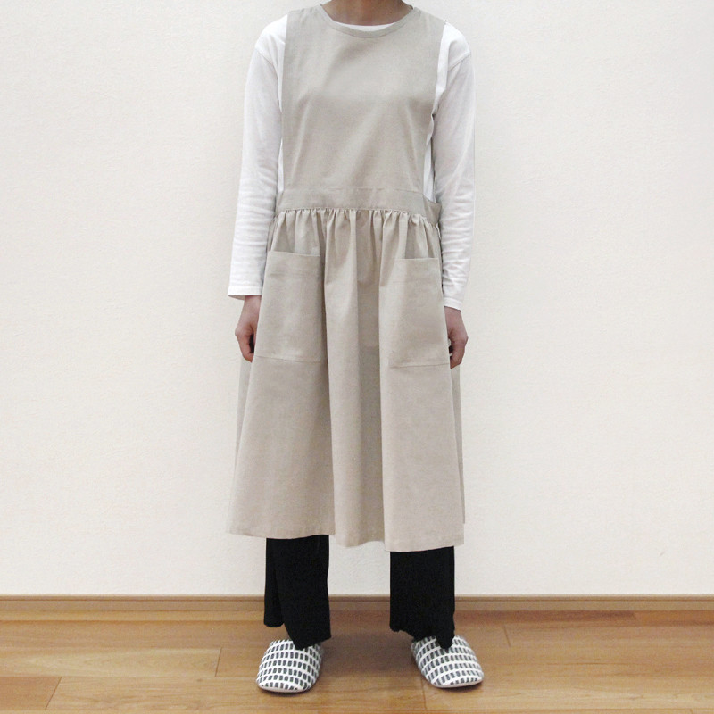 【即納品】リネンダンガリー ドレスエプロン（ベージュ）エプロン ナチュラル 綿麻