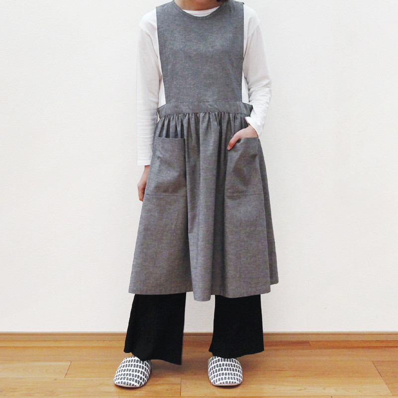 【即納品】リネンダンガリー ドレスエプロン（ブラック）エプロン ナチュラル 綿麻