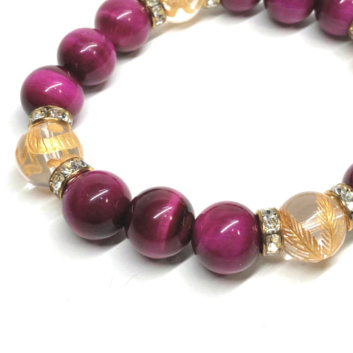 12mm 四神獣金彫水晶×ピンクタイガーアイ ブレスレット天然石 お守り