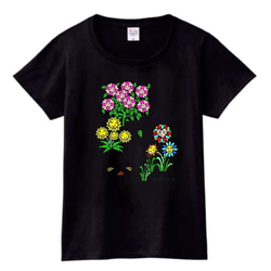 魔法の森の花たち１：プリントスターTシャツ（レディース：黒） 1枚目の画像