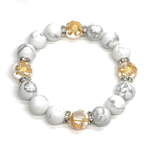 12mm 四神獣金彫水晶×ハウライト ブレスレット天然石 運気上昇 お守り