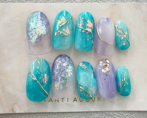 オーダー】ネイルチップ パール ピクシー ブルー リボン オーダー