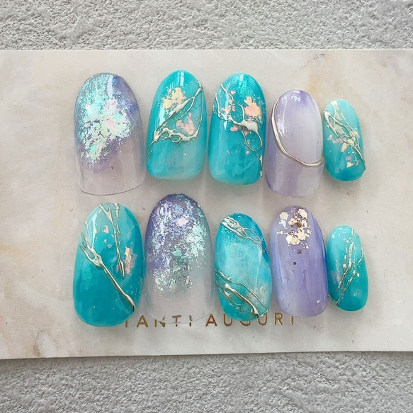 ターコイズブルー ネイルチップ 紫陽花カラー 紫 青系 海 南国